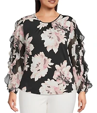 Anne Klein Plus Size Long Sleeve Floral Print Chiffon Blouse