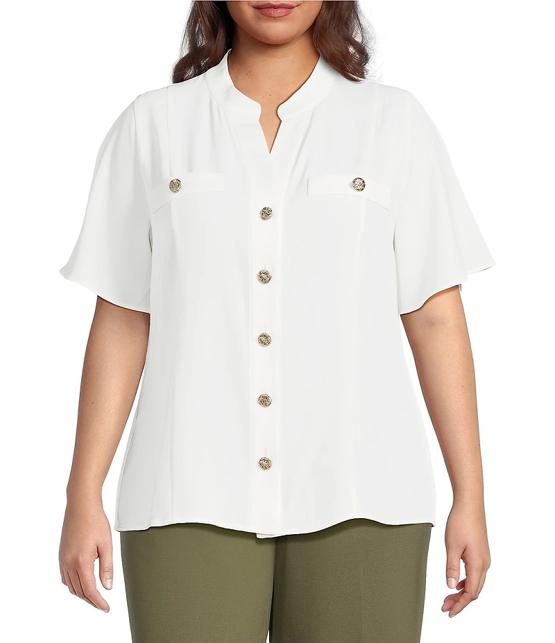 Anne Klein Plus Size Mandarin Collar Flutter Short Sleeve Button Front Top