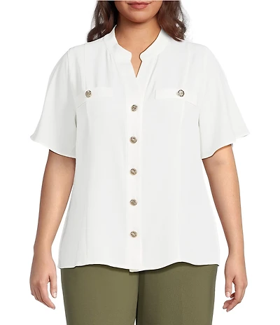 Anne Klein Plus Size Mandarin Collar Flutter Short Sleeve Button Front Top
