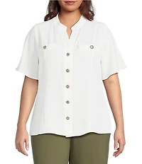 Anne Klein Plus Size Mandarin Collar Flutter Short Sleeve Button Front Top