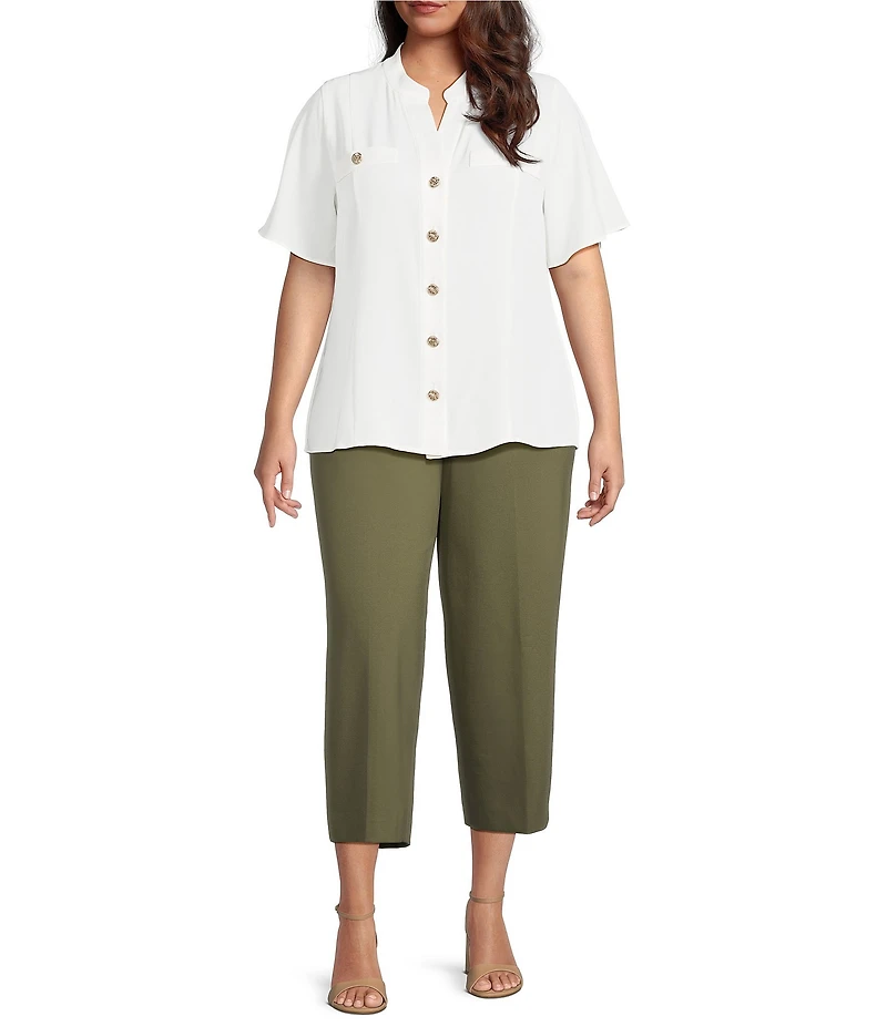 Anne Klein Plus Size Mandarin Collar Flutter Short Sleeve Button Front Top