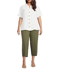 Anne Klein Plus Size Mandarin Collar Flutter Short Sleeve Button Front Top