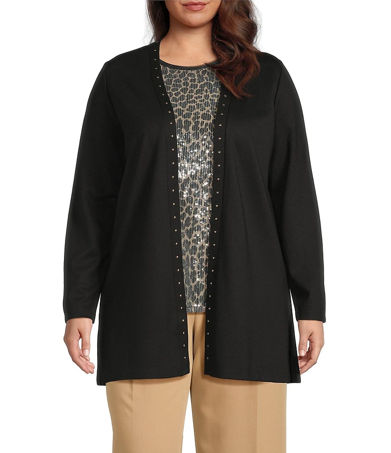 Anne Klein Plus Size Open Front Heatset Trim Long Sleeve Knit Cardigan