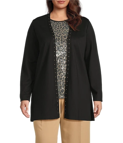 Anne Klein Plus Size Open Front Heatset Trim Long Sleeve Knit Cardigan