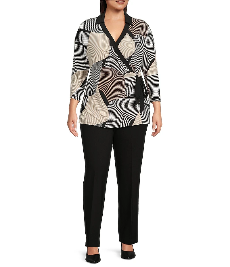 Anne Klein Plus Size Printed Stretch Knit Collar V-Neck 3/4 Sleeve Ruched Side Tie Top