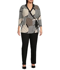 Anne Klein Plus Size Printed Stretch Knit Collar V-Neck 3/4 Sleeve Ruched Side Tie Top