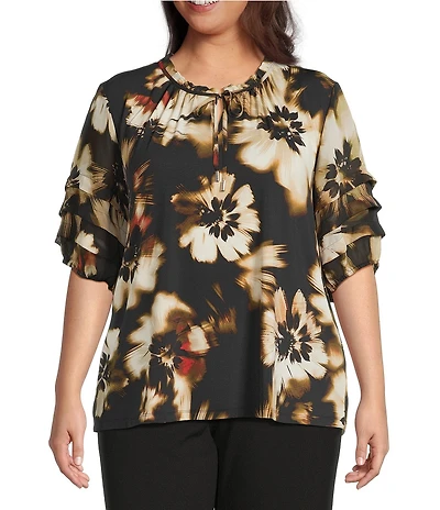 Anne Klein Plus Size Ruffle Split Neck Layered Elbow Sleeve Blouse