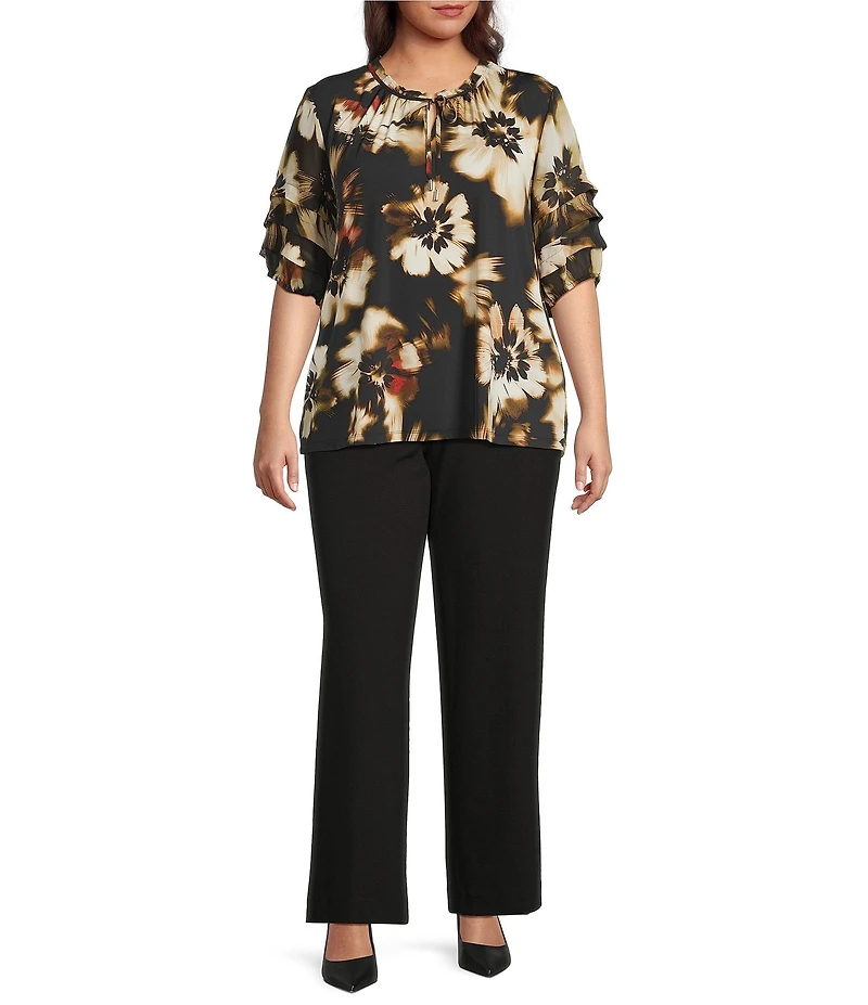 Anne Klein Plus Size Ruffle Split Neck Layered Elbow Sleeve Blouse