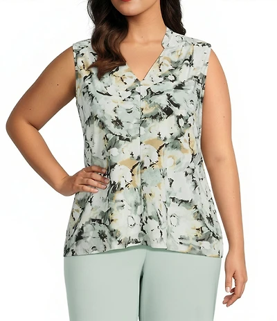 Anne Klein Plus Size Split V-Neck Printed Jersey Knit Tank Top