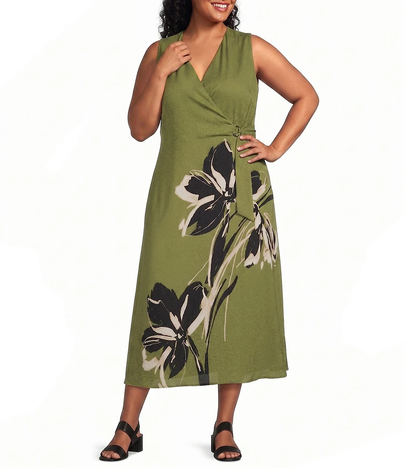 Anne Klein Plus Size Sleeveless Placement Print Midi Wrap Dress