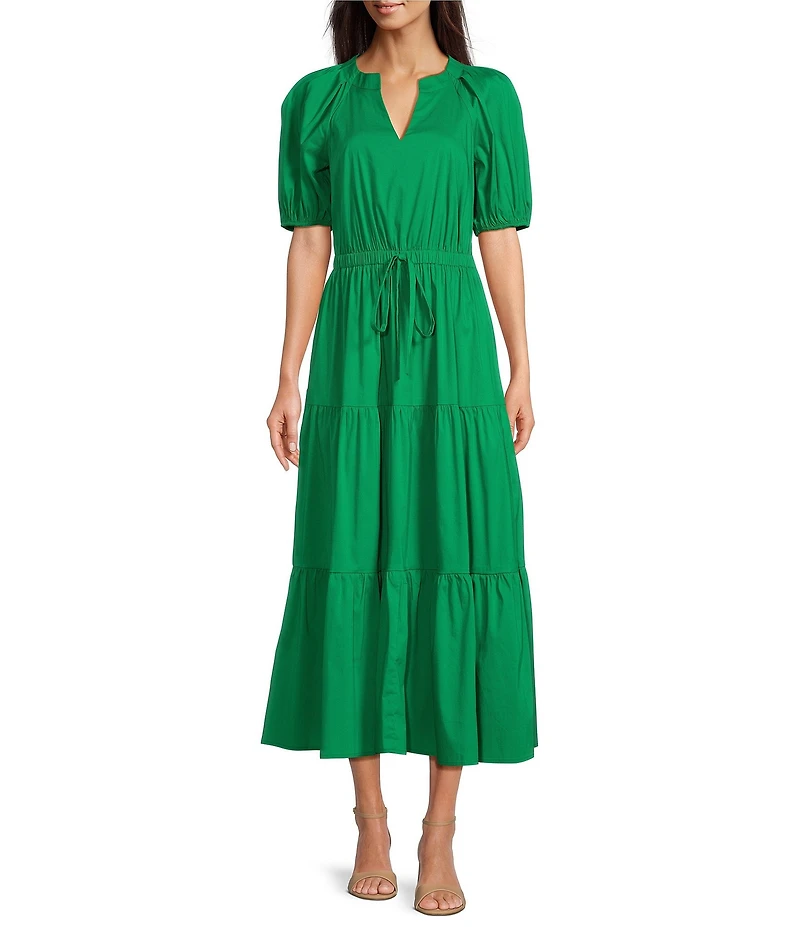 Anne Klein Poplin V-Neck Short Puff Sleeve Waist Tie Blouson Midi Dress