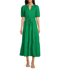 Anne Klein Poplin V-Neck Short Puff Sleeve Waist Tie Blouson Midi Dress