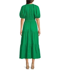 Anne Klein Poplin V-Neck Short Puff Sleeve Waist Tie Blouson Midi Dress