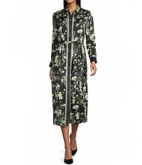 Anne Klein Printed Long Sleeve Shirt Midi Dress