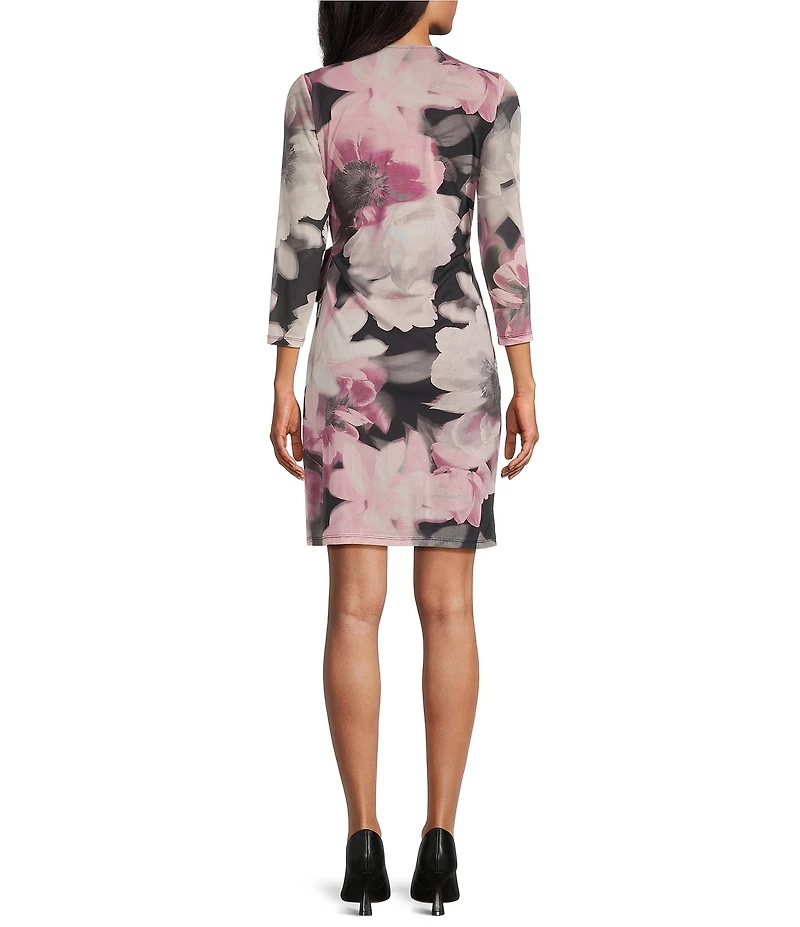 Anne Klein Printed Mesh V-Neck Long Sleeve Wrap Mini Dress