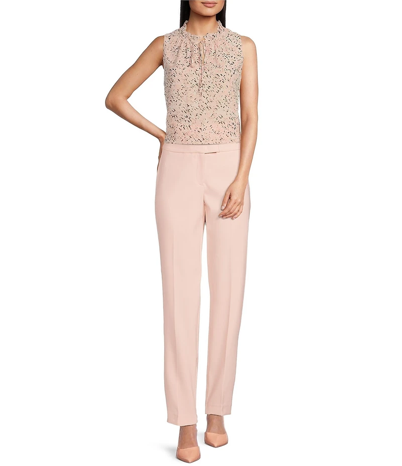 Anne Klein Printed Ruffle Mock Neck Sleeveless Tie Front Tulla Blouse