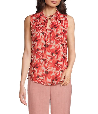 Anne Klein Printed Ruffle Mock Tie Neck Sleeveless Blouse