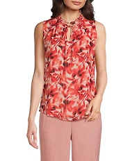Anne Klein Printed Ruffle Mock Tie Neck Sleeveless Blouse