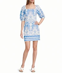 Anne Klein Printed Square Neck Puff Sleeve Eyelet Mini Dress