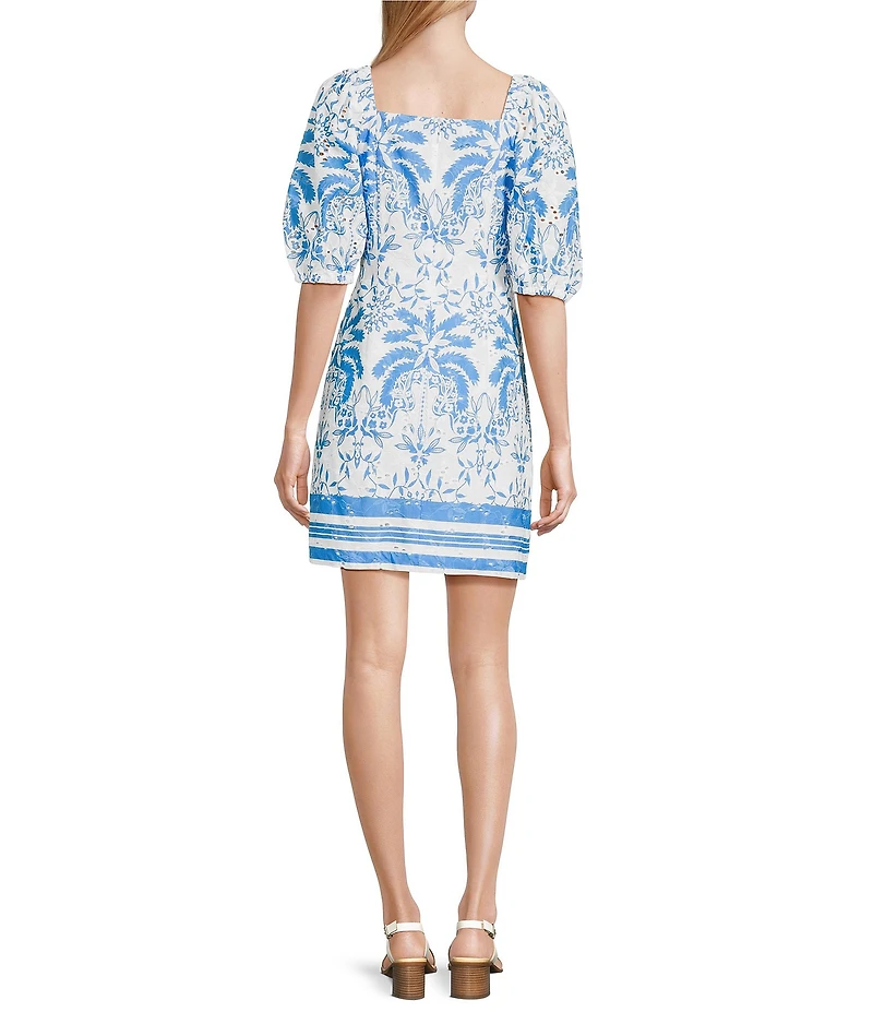 Anne Klein Printed Square Neck Puff Sleeve Eyelet Mini Dress