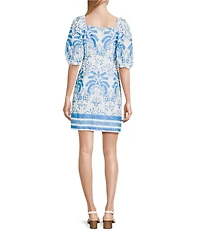 Anne Klein Printed Square Neck Puff Sleeve Eyelet Mini Dress