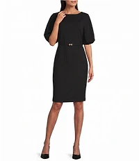 Anne Klein Puff Sleeve Boat Neck Crepe Sheath Dress