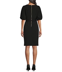 Anne Klein Puff Sleeve Boat Neck Crepe Sheath Dress