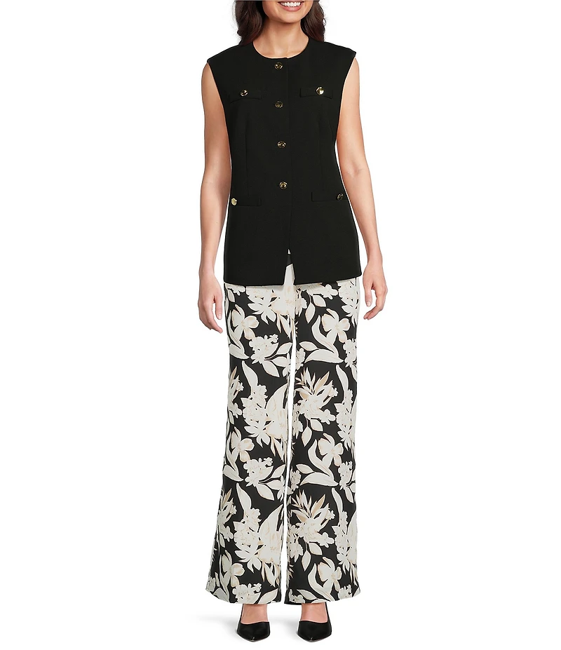Anne Klein Pull On Floral Elastic Back Wide Leg Pants