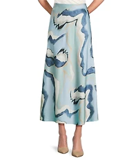 Anne Klein Printd Flat Satin Flared Pull On Maxi Skirt