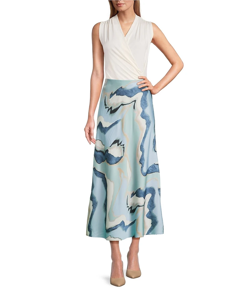 Anne Klein Printd Flat Satin Flared Pull On Maxi Skirt