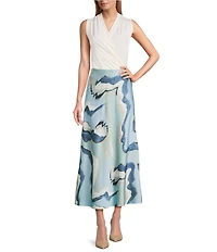 Anne Klein Printd Flat Satin Flared Pull On Maxi Skirt