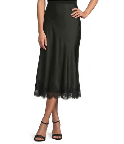 Anne Klein Pull On Satin Lace Trim Flared Midi Skirt