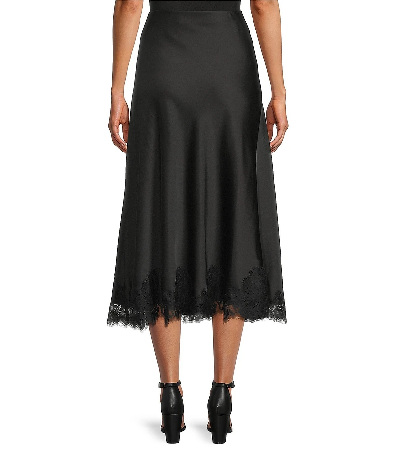 Anne Klein Pull On Satin Lace Trim Flared Midi Skirt