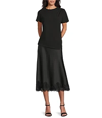 Anne Klein Pull On Satin Lace Trim Flared Midi Skirt