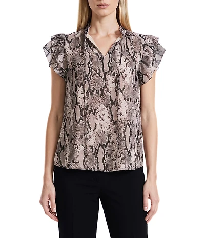 Anne Klein Ruffle Sleeve Chiffon Printed Blouse