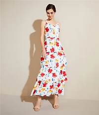 Anne Klein Satin Floral Print V-Neck Sleeveless Tiered A-Line Maxi Dress
