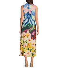 Anne Klein Scuba Floral Print Mock Neck Sleeveless Belted Fit and Flare Midi Dress