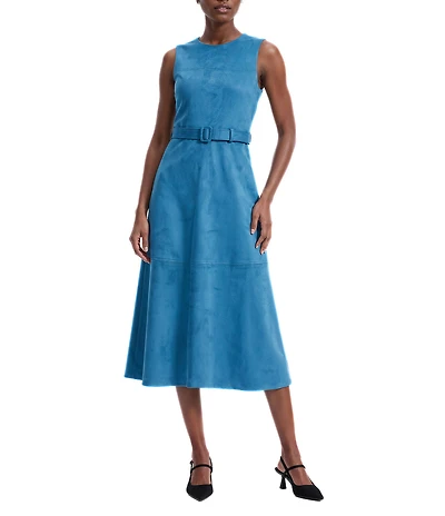 Anne Klein Scuba Suede Crew Neck Sleeveless Belted A-Line Midi Dress