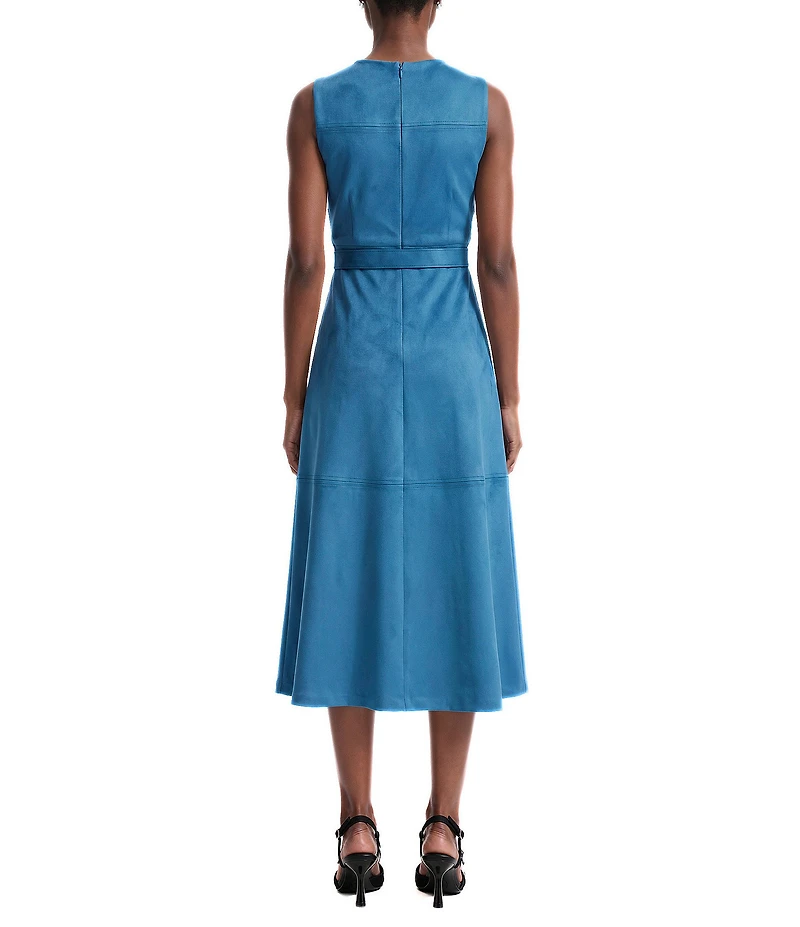 Anne Klein Scuba Suede Crew Neck Sleeveless Belted A-Line Midi Dress