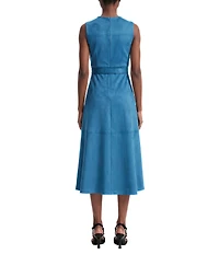 Anne Klein Scuba Suede Crew Neck Sleeveless Belted A-Line Midi Dress