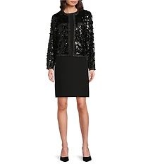 Anne Klein Sequin Round Neck Long Sleeve Kissing Front Cropped Jacket