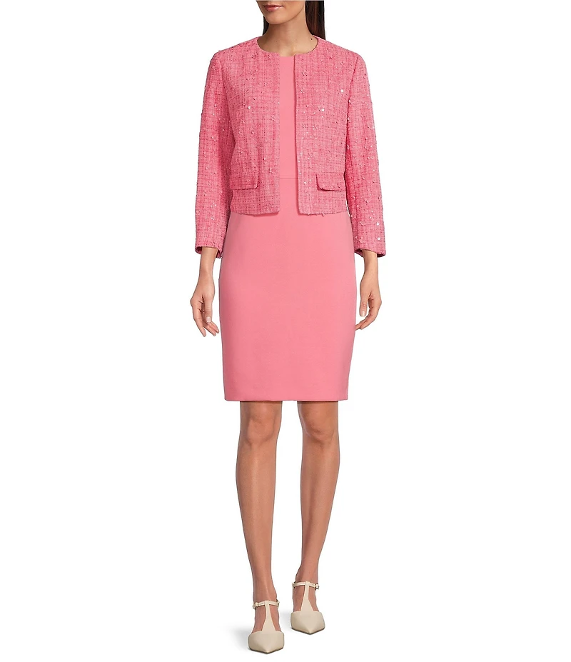 Anne Klein Sequin Tweed Round Neck Kissing Open Front Long Sleeve Jacket