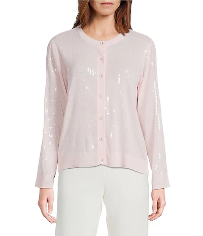Anne Klein Sequin Woven Long Sleeve Button Front Cardigan