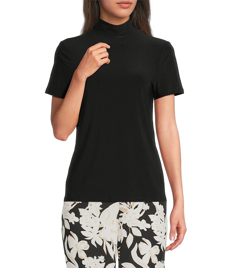 Anne Klein Short Sleeve Mock Neck Jersey Knit Top