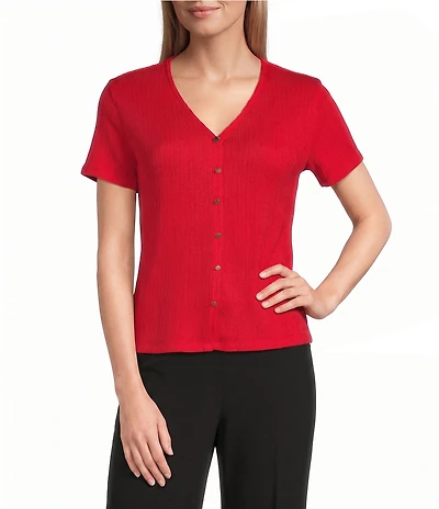 Anne Klein Short Sleeve V Neck Button Front Knit Top