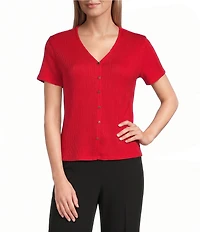 Anne Klein Short Sleeve V Neck Button Front Knit Top