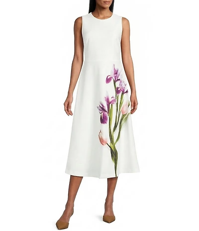 Anne Klein Sleeveless A-line Floral Scuba Crepe Midi Dress