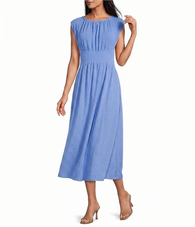 Anne Klein Sleeveless Boat Neck Shirred Pebble Jersey Midi Dress