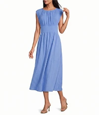 Anne Klein Sleeveless Boat Neck Shirred Pebble Jersey Midi Dress