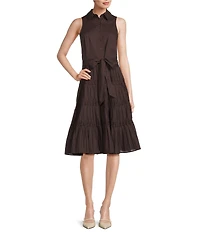Anne Klein Sleeveless Cotton Poplin Tiered Midi Button Front Shirt Dress